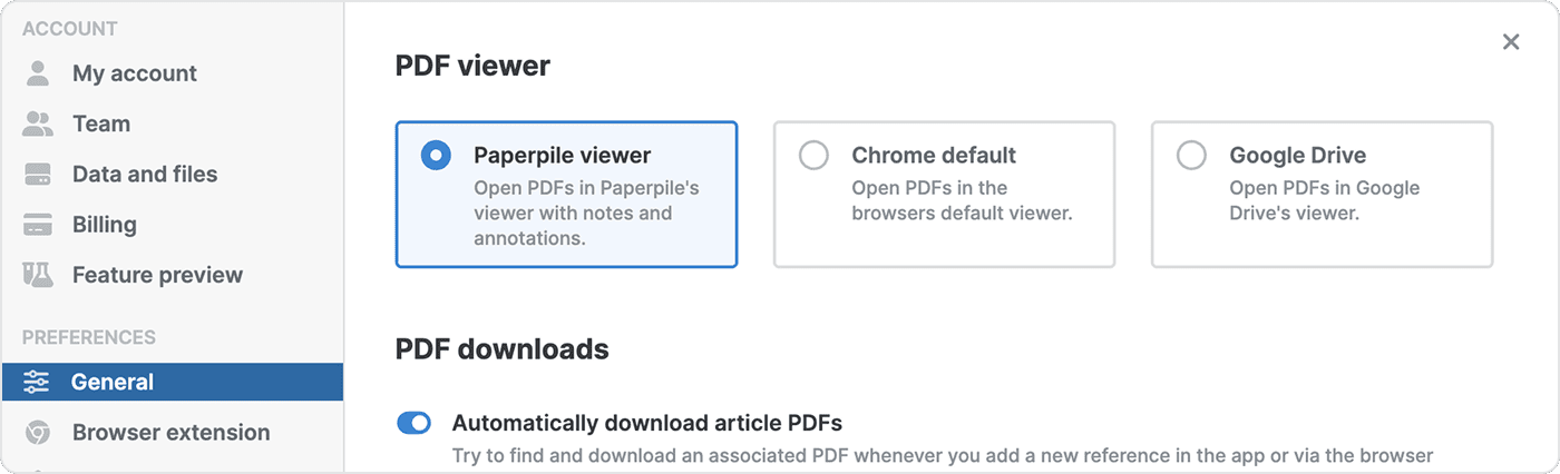 Settings › General showing the PDF viewer choice with Paperpile viewer selected, beside “Chrome default — Open PDFs in the browsers default viewer” and “Google Drive — Open PDFs in Google Drive’s viewer”.